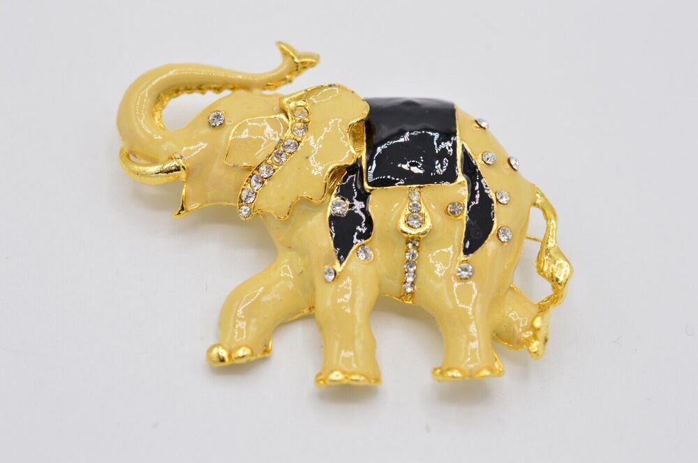 Vintage Elephant Pin Brooch Heavy Black Cream Enamel Gold Crystal Chunky 80s NOS